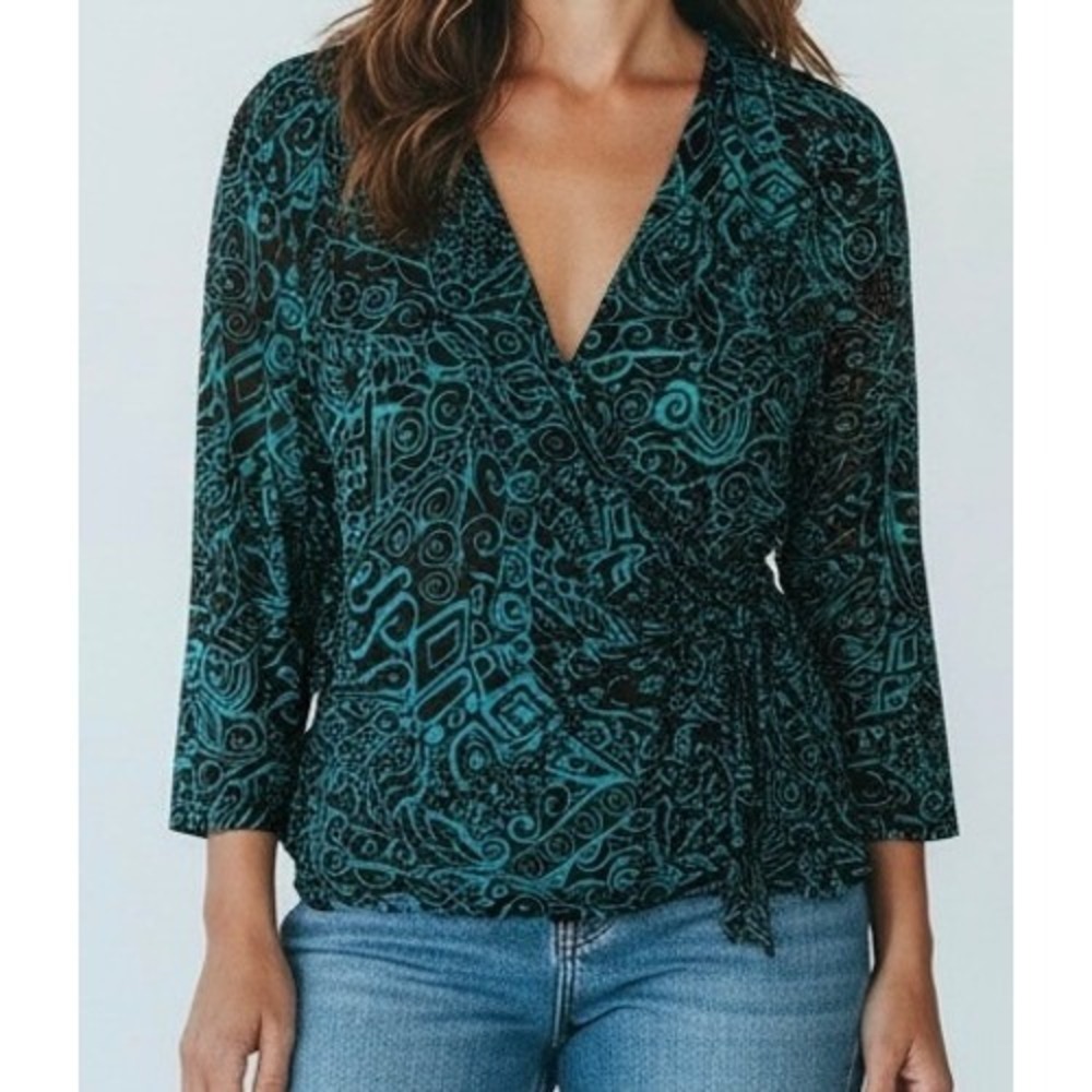 Chicos size 2 large Womens Teal  Geometric Print 3/4 Sleeve Wrap Blouse Top Boho